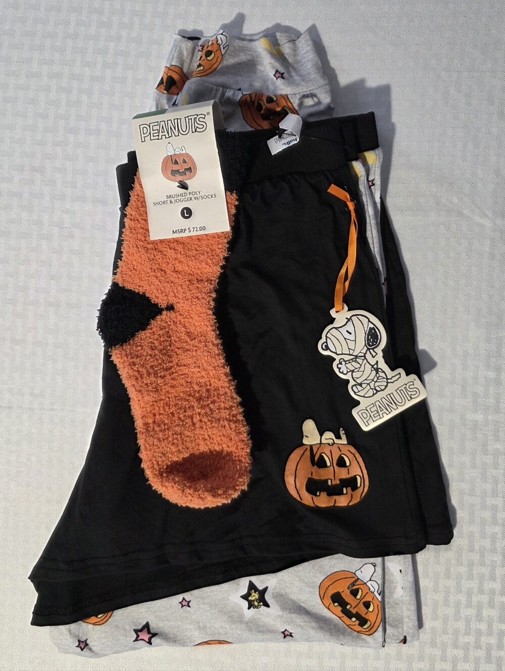 Peanuts Black & Orange Pumpkin Shorts And Jogger Set with Fuzzy Socks